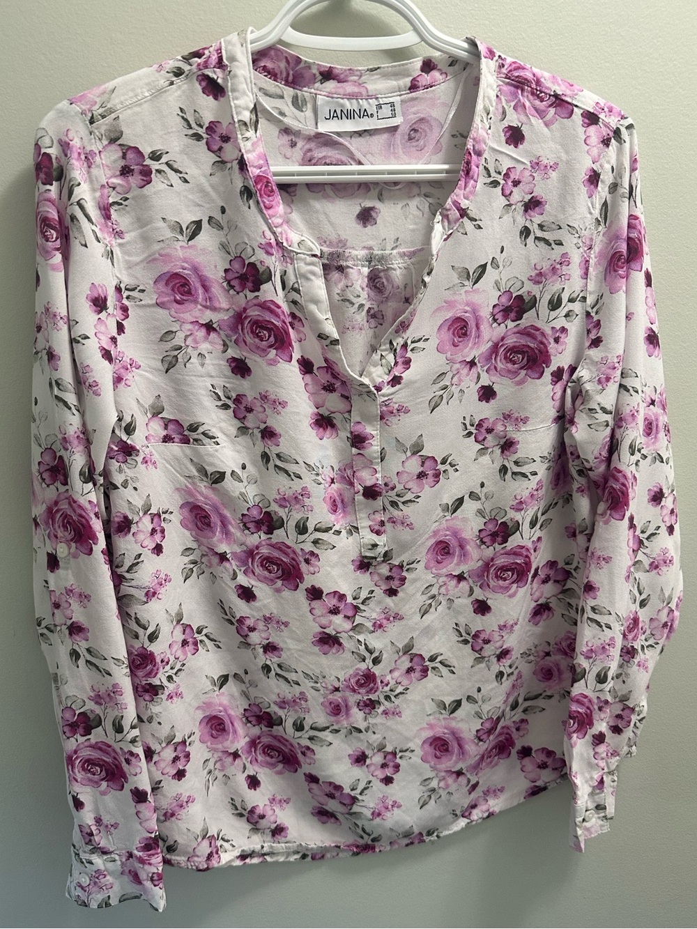 JANINA Floral Blouse EU 46 / XXL Purple Rose Long Sleeve V-Neck